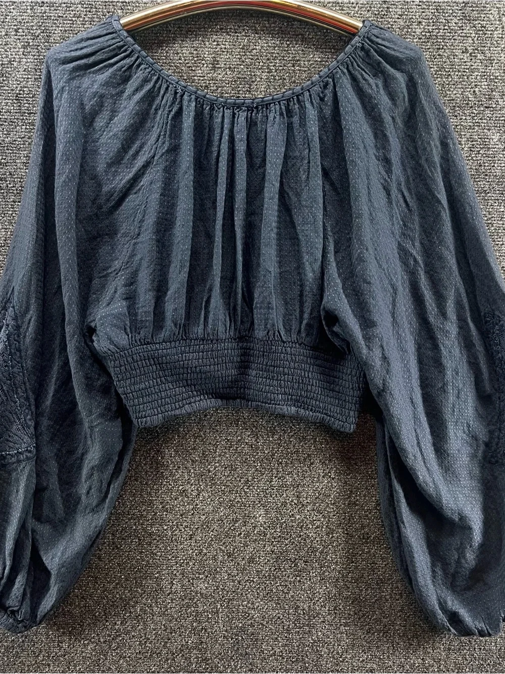 Free People Crop Top Large Stormy Navy Blue Southwest Lace Balloon Sleeve Button - Picture 11 of 12